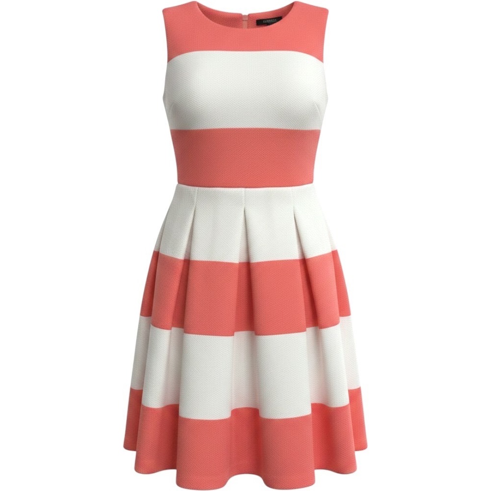 Be by Chetta B Coral White Striped Fit Flare Dress Pique Sleeveless Sz 8